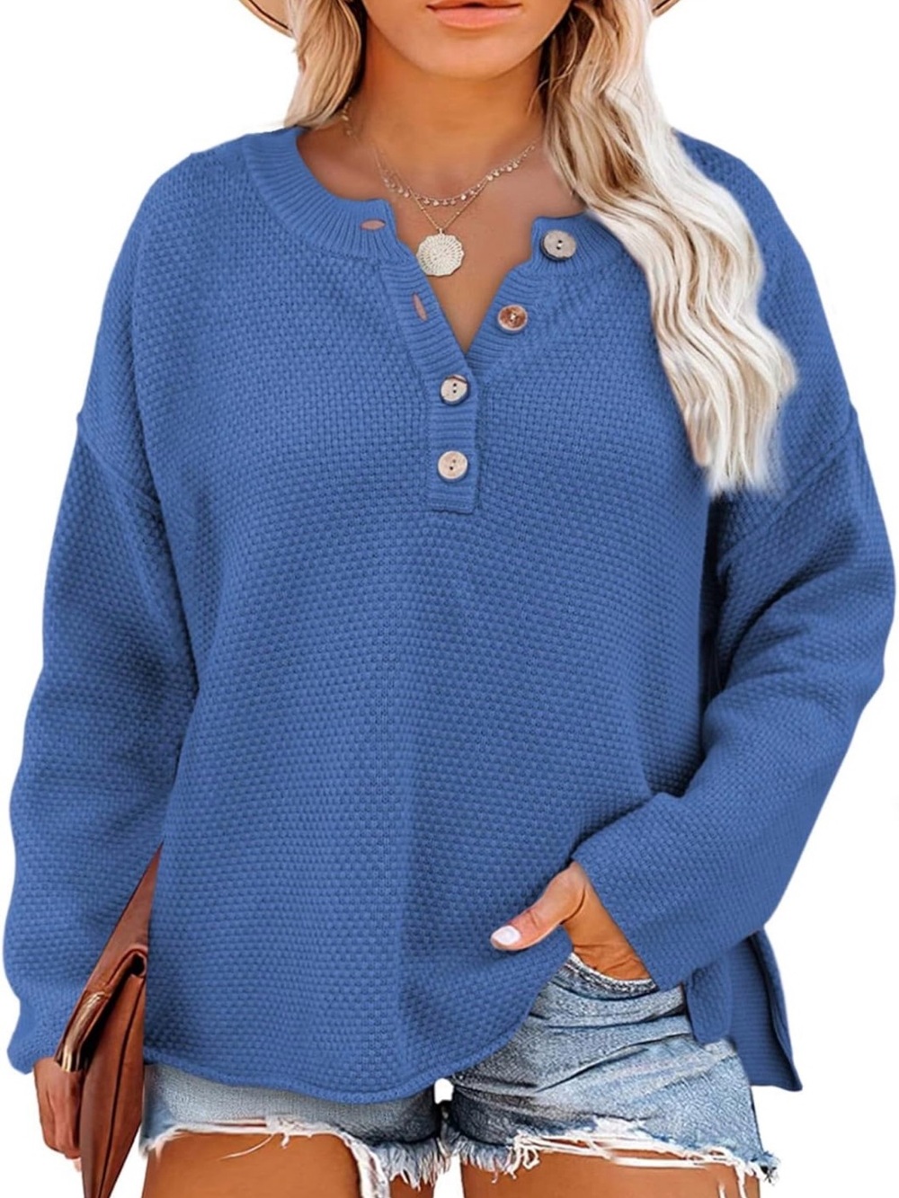 Amazon Essentials Women's Long Sleeve Henley Waffle Knit Top in Blue